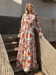 Faeriesty 印花优雅雪纺晚礼服，层叠裙摆，泡泡袖设计，松紧腰身——完美适用于婚礼、花园招待会、新娘送礼会、浪漫晚餐以及度假必备单品。 - 彩色 - 查看 3