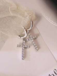 1pair Classic Zirconia Embedded Cross Pendant Earrings, With Elegant European And American Luxury Charm, Suitable As A Distinctive Gift For Women's Daily Wear Or Occasions - Vàng - Xem 8
