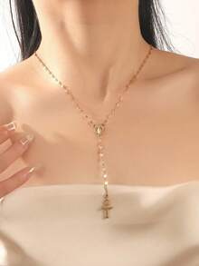 1pc Vintage Style Women's New Cross & Virgin Mary Tag Pendant Necklace With Tassel, Delicate Faith Jewelry For Daily Wear, Birthday, Anniversary, Party Gift