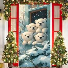 1pc 2D Flat Christmas Banner Facing The Door, Featuring A Polar Bear Pattern Outside The Window, Is Suitable For Christmas Parties, Photo And Photography Props Background Cloth, Indoor And Outdoor, Home Decoration, Cinema, Courtyard Decoration, Holiday Parties, Anniversaries, And Party Decoration