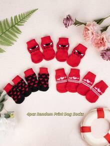 4/8pcs Random Print Pet Socks, Dog Valentine's Day Non-Slip Warm Socks