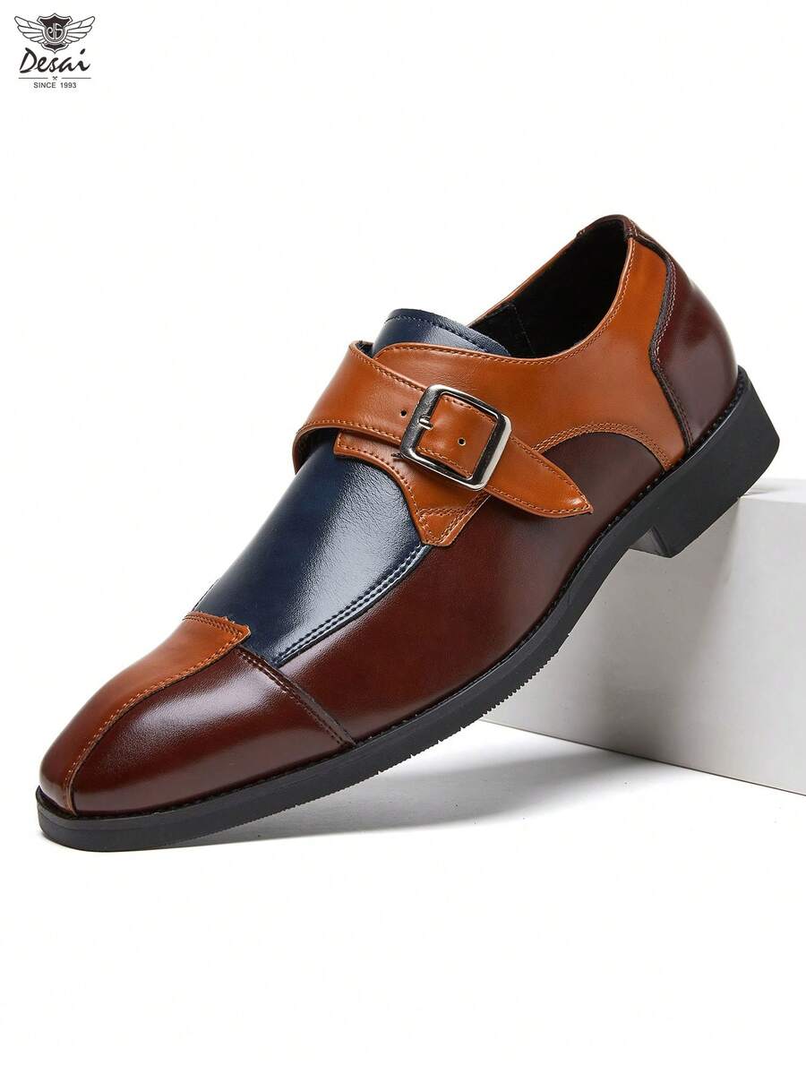 DESAI Men's Formal Leather Shoes, British Style Color Block Monk Strap Dress Shoes, Business Formal Wear, Groom Wedding Shoes, Versatile Brogues - Black - View 1