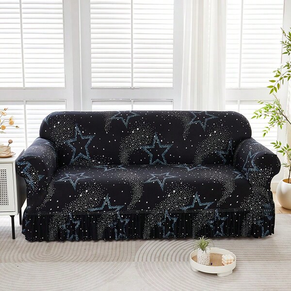 1pc Universal Starry Sky Printed Brushed Sofa Cover With Skirt, Full Coverage Sofa Slipcover, One-Piece Fitted Sofa Protector, Suitable For Living Room, Bedroom, Outdoor, Home Decor