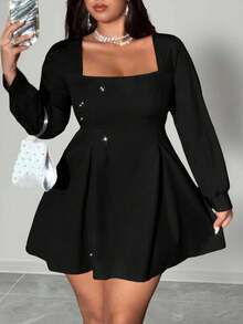 RNU Plus Size Women Elegant Woven Non-Stretch Solid Color Fabric Dress, Hidden Zipper Back, Puff Sleeves, Wide Collar, Plus Size New Autumn/Winter Outfit, Suitable For Concerts, Fashion Versatile Outerwear, Plus Size New Autumn/Winter Outfit, Suitable For Parties, Gatherings, Night Dates, Christmas, New Year, Wedding Guest Attire, Long Sleeve Versatile Short Dress