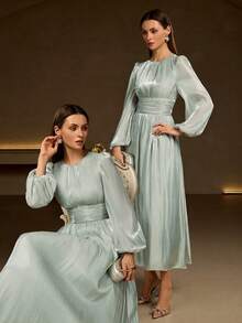Vestido feminino verde oliva com manga comprida, cintura plissada e brilhante, corte A, elegante e versátil - Verde cinza - Ver 3