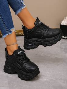 新款网眼休闲女鞋，透气时尚百搭女士厚底运动鞋 - 黑與白 - 查看 3