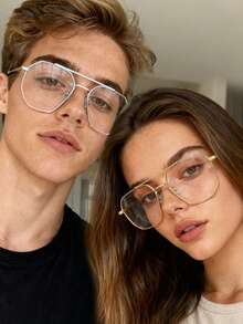 1副男女通用金属双梁大镜框透明镜片多边形眼镜 - 無色 - 查看 1