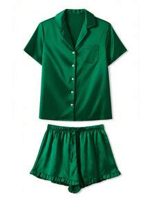 Womens 2 Piece Satin Pajamas Set Short Sleeve Button Up Shirt + Ruffled Shorts Set Lounge Clothes - Green - View 7