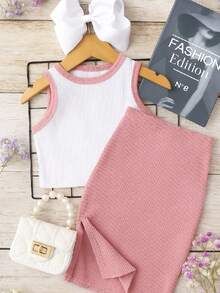 Girls' And Teen's 2-Piece Set: Cropped Tank Top And Midi Skirt, Ribbed Knit, Spring/Summer Fashion CJI003 - Rusty Rose - View 2