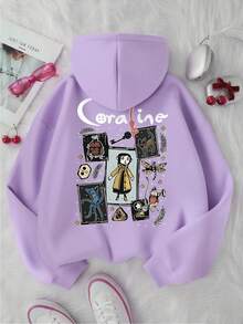 少女经典元素图案印花，灵感源自电影《卡罗琳》、纽扣眼角色、黑猫等，休闲连帽卫衣 - 淡紫色 - 查看 2
