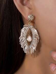 2pcs Rhinestone Oval Waterdrop Tassel Earrings, Boho Style Earrings Suitable For Holiday, Party, And Festive Occasions