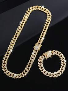2 Pieces Exquisite Cuban Chain Necklace Bracelet Set, Unisex Hip-Hop Jewelry, Sparkling Christmas/Valentine's Day Gift