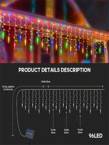 1pc Solar-Powered LED Icicle String Lights - Christmas Icicle Curtain Light Decor With 96LED Droop, Xmas Indoor/ Outdoor Perfect For Holiday Celebrations Christmas Lights (300mAh)