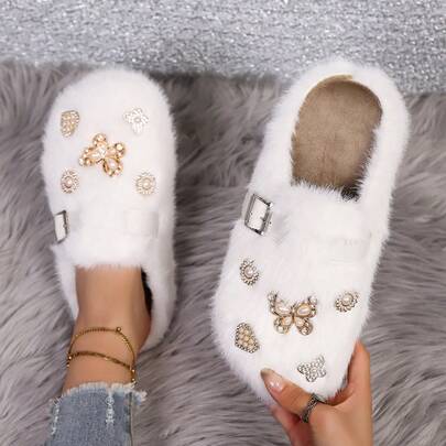 2025 New Winter Plush Slippers Women Outdoor Snow Boots Slip-On Slouchy Mules Closed Toe Faux Thermal Lined Warm Solid Color Sports Fleece Lining Fashion Snow Boots For Home Winter