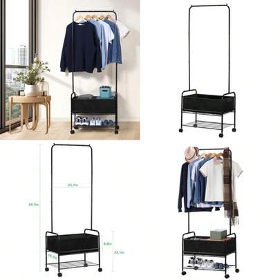Rolling Clothes Rack Garment Rack Clothing Rack On Wheels 3-In-1 Laundry Sorter With Basket Hanging Clothes Rod And Shoes Holder For Bedroom Living Room