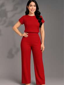 Women's Set Loose Pants Short Sleeve Blouse Elegant Casual Elegant Party Office Work Pantaloons - Đỏ - Xem 4