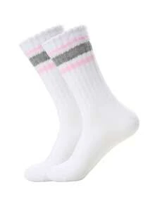 1/3 Pairs Women's Autumn/Winter Striped & Solid Color Crew Socks, Versatile Wear For Daily, Gift, Office, Home, Sports