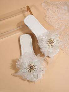 法式纯色优雅时尚休闲通勤商务女神方头花卉图案平底鞋，女士新款春夏法式优雅百搭舒适鞋 - 白色 - 查看 5