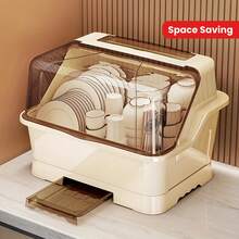 [Cream Dish Drying Rack] Multi-Functional Cream Dish Drying Rack With Lid - Space Saving, Dust Proof Kitchen Storage Cabinet, Utensil Organiser With Drainage Plate - 米色 - 查看 2
