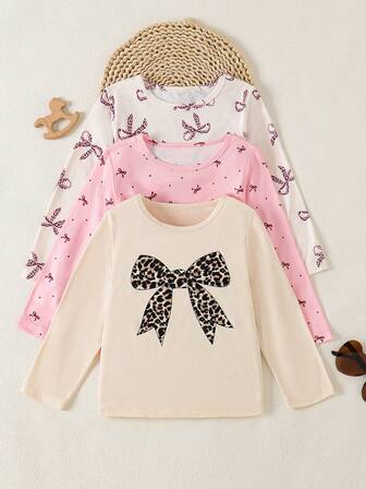 3 Stücke/Set Mädchen Langarm Rundhals Top Set mit Schmetterling Allover-Muster + Leopard Schleifen-Muster