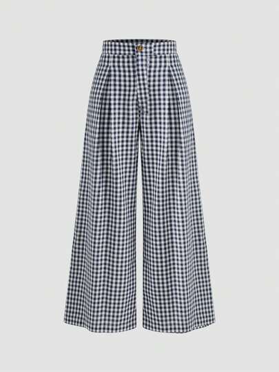 Women's Versatile Plaid Mid-Waist Pleated Wide Leg Pants