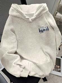 Women's Casual Letter & American Flag Print Long Sleeve Hoodie Sweatshirt, Autumn/Winter-Autumn/Winter New Arrivals:Unisex Loose Hoodie With USA Print - 淺灰色 5 - 查看 4