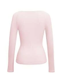 Y2K Style Pink Long Sleeve T-Shirt For Summer, With Button Design And Lace Trim Collar, Cute Fitted Square Neck Top, Collegiate Aesthetic - Pink - View 5