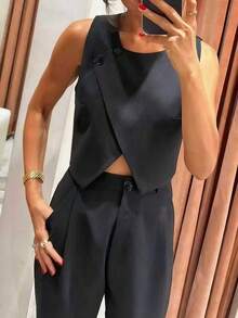 女士优雅无袖圆领梭织衬衫，不对称设计，带纽扣 - 黑色 - 查看 1