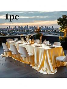 1 Piece Royal Champagne Tablecloth - Elegant Rectangular Tablecloth With Gold Decoration, Machine Made, Anti-Wrinkle Polyester Satin Fabric For Weddings, Birthdays, Parties, Holidays And Special Events - Luxury Table Decor, Party Table Decor, Wedding Tablecloth, Elegant Design, Smooth Texture