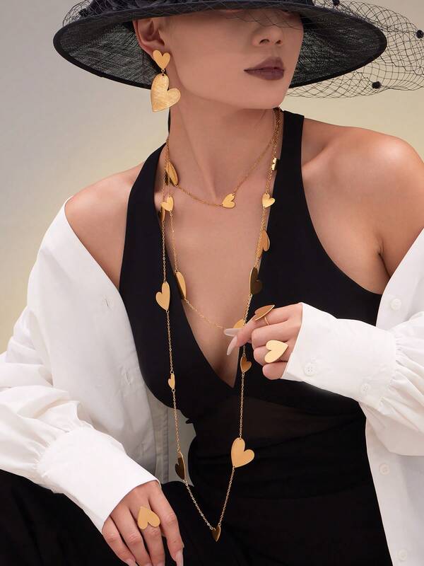 1 Set 18 Karat vergoldeter Edelstahl gebürsteter strukturierter Herzförmiger Anhänger, Ohrringe, Ring, Halskette Schmuckset, für den täglichen Gebrauch und als Geschenk