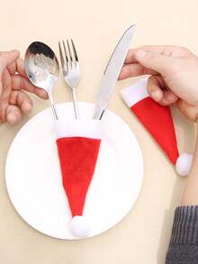 10 piezas Decoraciones Navideñas, Gorros Navideños, Gorros de Tela No Tejida, Set de Cubiertos con Gorro Navideño, Decoración de Botella de Vino Navideña, Navidad