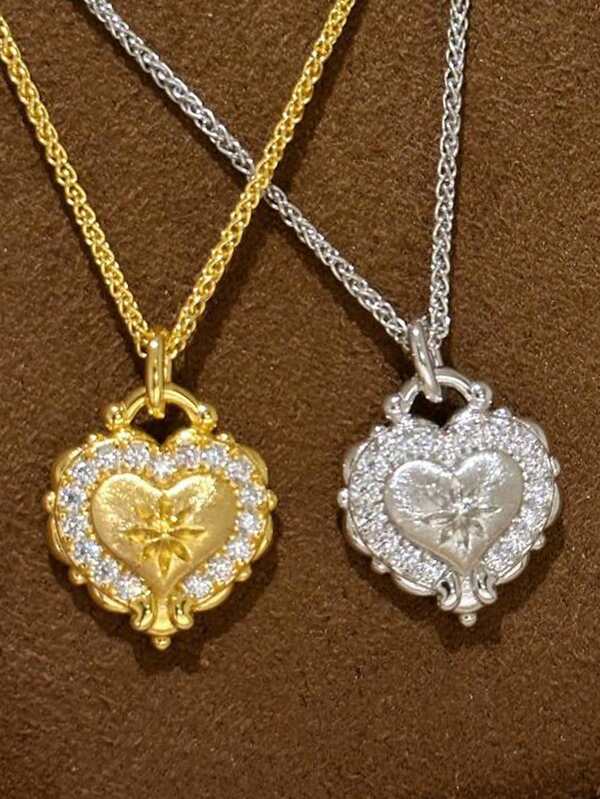 1 pieza Collar colgante de corazón con circonita cúbica vintage, elegante y de lujo, con diseño minimalista delicado y cadena de clavícula de alta gama, adecuado para el uso diario de las mujeres