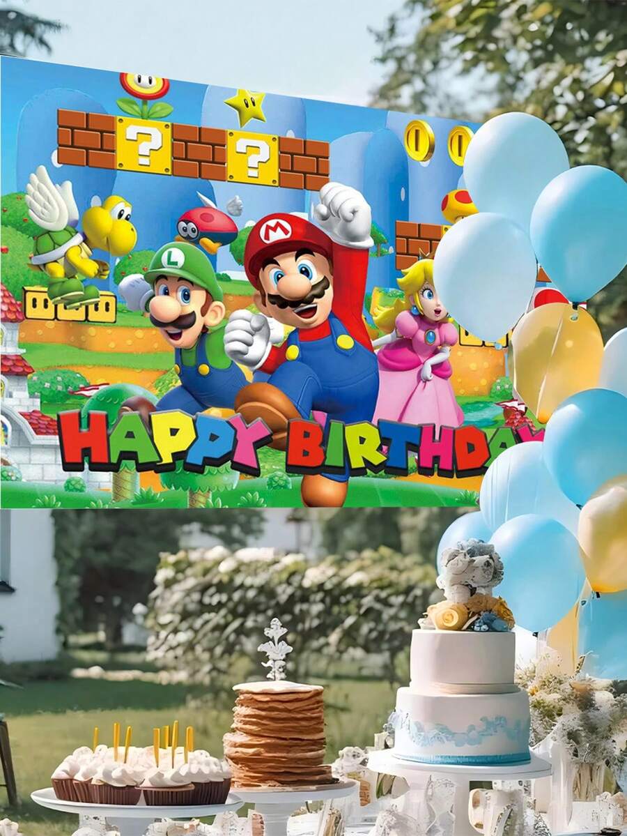 Super Mario 超级马里奥生日背景布横幅，儿童生日派对装饰，摄影背景布，生日婚礼装饰，派对拍照背景墙，派对摄影道具及配件（59*39.3英寸）