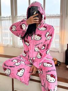 Sanrio Women's  Print Pajama Set, Warm & Casual Loungewear, Flannel Sleepwear Set, Soft & Cozy 2 Pieces Outfit For Autumn/Winter