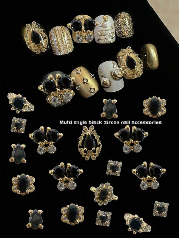 KIRAME KIRAME Uñas de arte con circonita negra con enchapado genuino en oro y cobre, Manualidades de arte de uñas en casa, Salón de uñas, Suministros para uñas, Uñas de Navidad, Año Nuevo, Regalo de fiesta