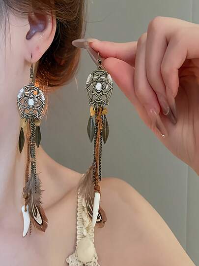 2 chiếc bông tai dài treo phong cách Bohemia cổ điển, bông tai dài Boho thủ công dành cho nữ