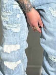 Men's New Korean Style Ripped Distressed Washed Loose Fit Casual Baggy Wide Leg Jeans - Medium Wash - View 3