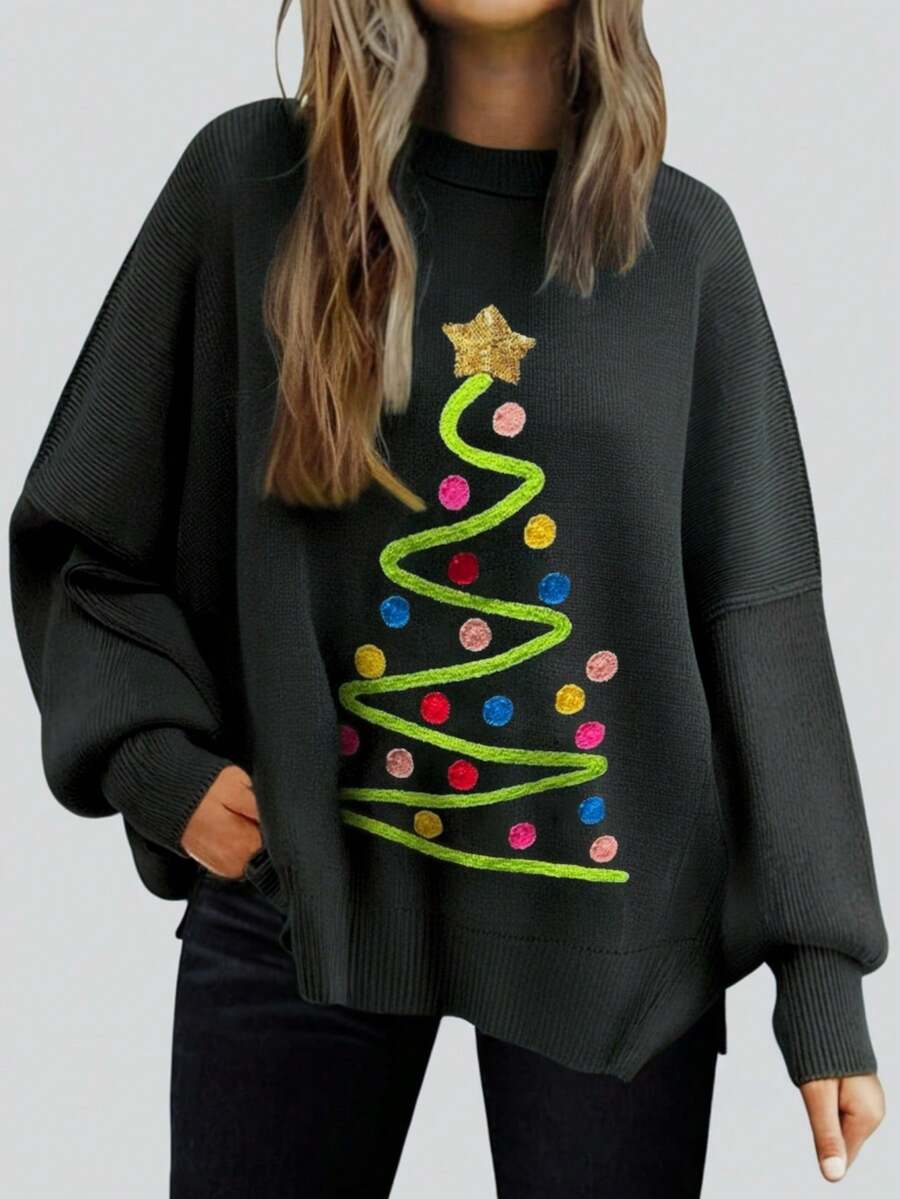Women's Casual Christmas Tree Pattern Loose Fit Dropped Shoulder Turtleneck Sweater, Autumn/Winter - Black - View 1