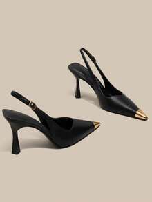 2025 New Metal Splice French Pointed Toe Slingback High Heel Shoes For Women - Black - View 2