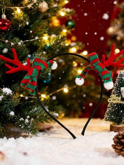 1 قطعة عقال نسائي بشريط مضفر للكريسماس، بشريط أحمر وأبيض، بقرون غزال أحمر ديكور حفلة جميل، عقال أسود