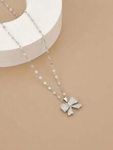 1pc Full Crystal Bowknot Stainless Steel Necklace For Women Valentines Gift For My Wife  Gift For Lovers Gift For My Girlfriend  Couple Jewelry Accessories - Silver - View 2