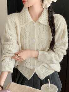 Áo len cardigan cổ khoét rỗng thiết kế Hàn Quốc mới thu đông dành cho nữ, áo len rộng rãi, ngọt ngào, mềm mại và ấm áp - trắng - Xem 4