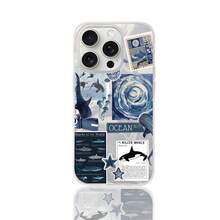 1件蓝色海洋海龟鲨鱼鲸鱼复古可爱个性化天空海洋自然美丽时尚男女通用，不对称波浪IMD防震银色渐变水波激光闪亮艺术风格手机壳，兼容苹果//OPPO/VIVO/荣耀//红米/传音 - 藍色 - 查看 5
