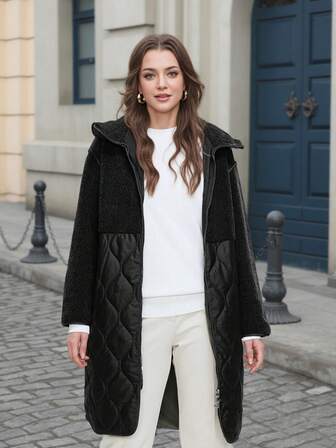 Astrid Plusstorlek Enfärgad lapptäcke fram med dragkedja Långärmad casual huvtröja