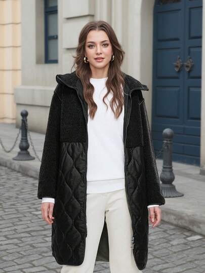 Astrid Plus Size Solid Color Patchwork Front Zipper Long Sleeve Casual Hooded Coat