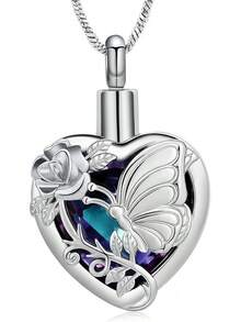 nuevo-2025Yinplsmemory - Collar de urna de cremación de corazón de vidrio, para mujer, urna de mariposa, cenizas, recuerdo de un amor - púrpura, plateado (Purple-Silver) - Ver 15