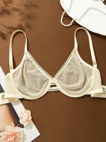 Wingslove Sexy Mesh See Through Unlined Underwire Bra Adjustable Straps, Solid Color, Simple Fashionable Daily Casual Bra, Lingerie - Apricot - View 8