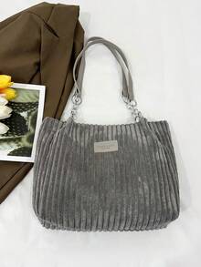 Fashion Striped Handbag - Women's Large Capacity Shoulder Bag - Zipper Tote Bag For Daily Use - Metal Chain Strap Tote Bag - Grey - View 8
