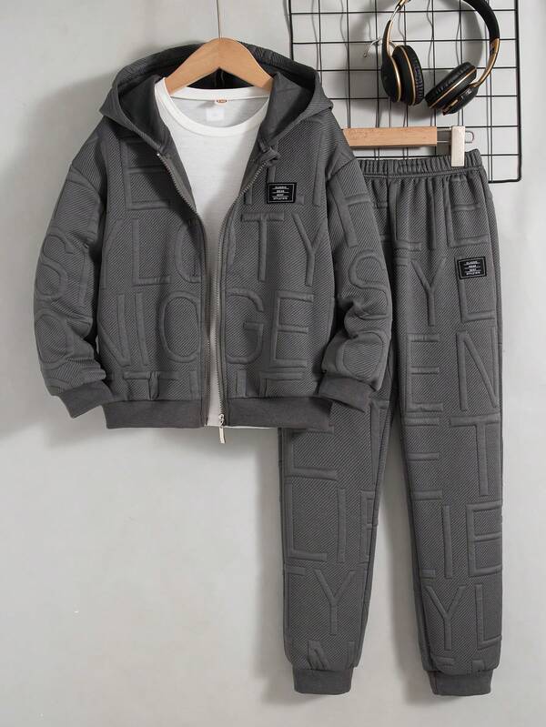 Set 2 buc. băieți, casual, culoare solidă, hanorac cu fermoar, jachetă și pantaloni, ținută primăvară/toamnă