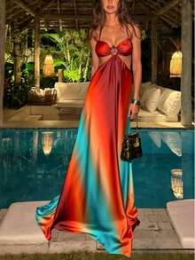 Vestido de tirantes finos con degradado de color estilo isleño, cubrecosturas para la playa - Multicolor - Ver 6